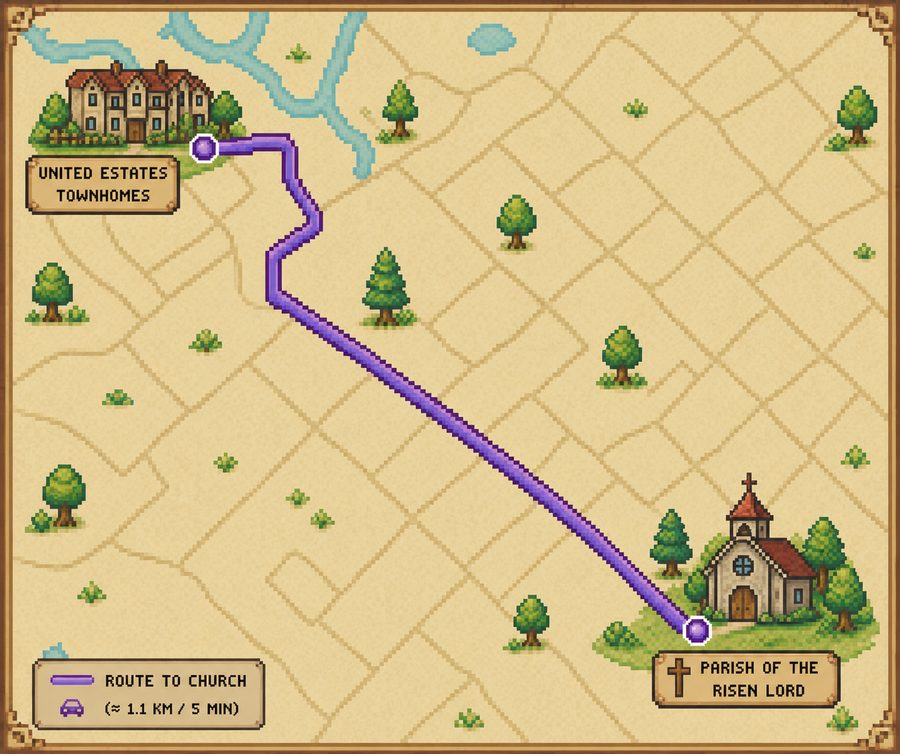Map showing the route from United Estates Townhomes to the Parish of the Risen Lord